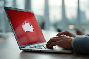 Laptop displaying cloud icon, hands typing