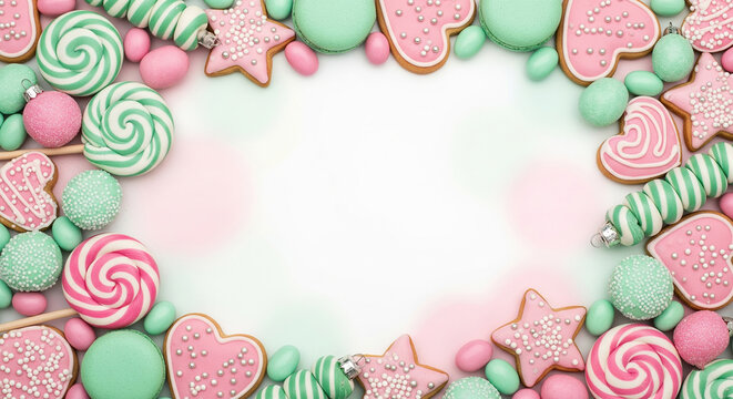 A vibrant border of pink and mint green candies and cookies, including lollipops, hearts, and stars, arranged on a soft white background.