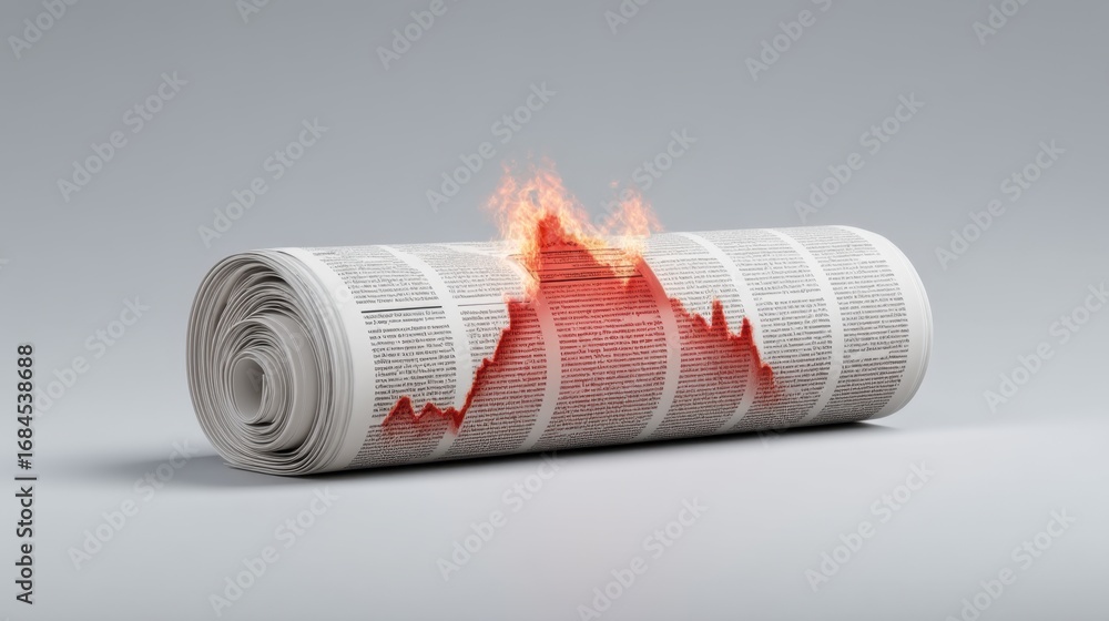 Aufkleber burning stock market trend on newspaper roll with graph showing rise and fall of financial data in a