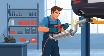 Professional mechanic welding a car exhaust system in auto repair shop