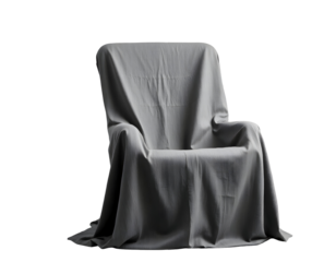 Chair draped in a gray sheet against a transparent backdrop
