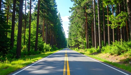 Obraz premium A scenic paved road winds through a lush, green forest, bathed in sunlight.