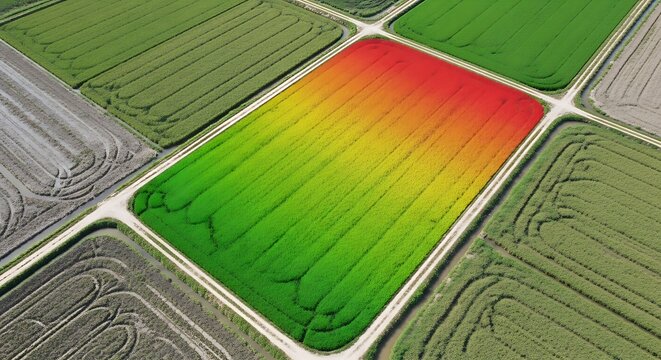 Aerial perspective of a smart farm using drone technology with a thermal data map overlay for crop health monitoring