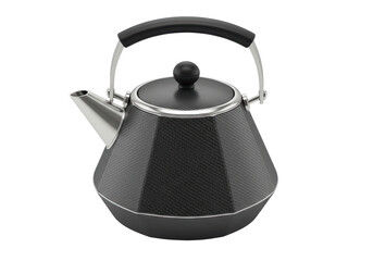 Isolated sleek and stylish black carbon fiber tea kettle with stainless steel accents