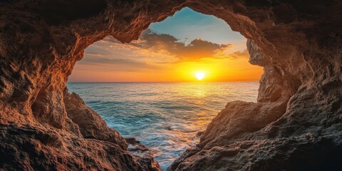 Heart Shaped cave opening with sunset glow overlook. 
