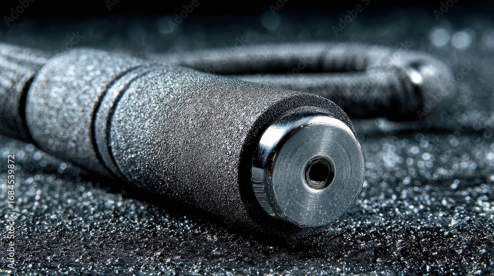 Poster detailed view of a dark gray cylindrical object with a textured surface and metallic end cap, set ag