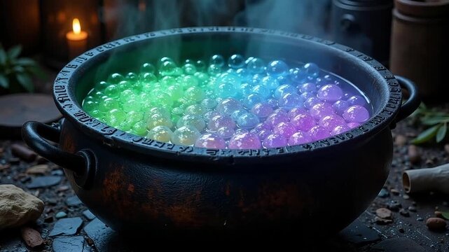 Bubbling cauldron with vibrant rainbow potion and mystical steam, creating magical atmosphere for fantasy scenes.
