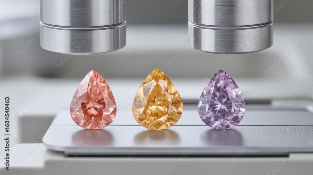 Poster close-up view of colorful lab-created gemstones under microscope with detailed reflection and refrac