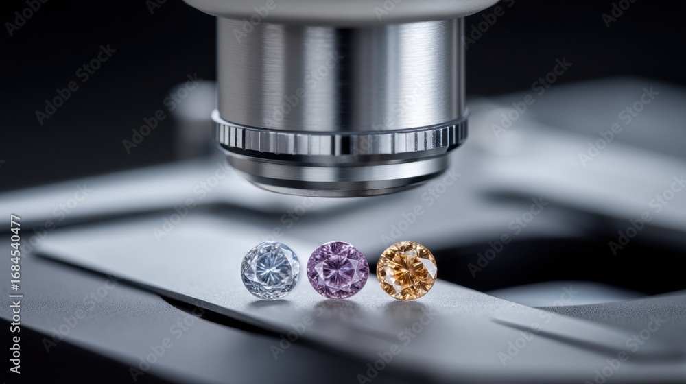 Poster close-up inspection of three exquisite gems under a microscope with precision lighting and focus to 