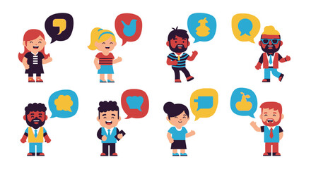Diverse cartoon people communicating with colorful message bubbles full of abstract symbols