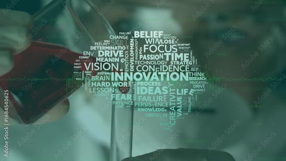 Poster animation of brain with texts over scientist in lab