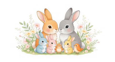 A heartwarming watercolor painting of a family of rabbits and chicks surrounded by soft flowers and greenery isolated on transparent background