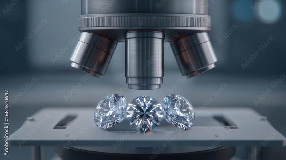 Poster close-up view of diamonds under microscope in a laboratory setting for gemology inspection and analy