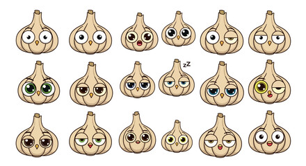 Collection of cartoon garlic bulbs displaying diverse facial expressions and emotions