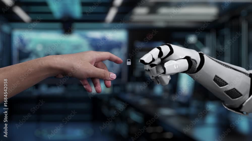 Poster a captivating scene showcasing a human hand reaching out to a robotic arm in a high-tech lab, surrou