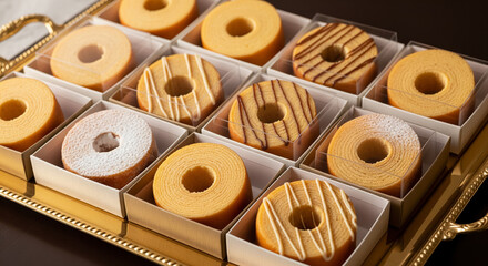 Fototapeta premium Assortment of Mini Baumkuchen in a Luxury Gift Box