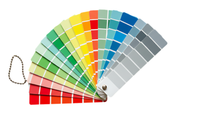 A fan of color swatches in various shades of red orange yellow green blue and