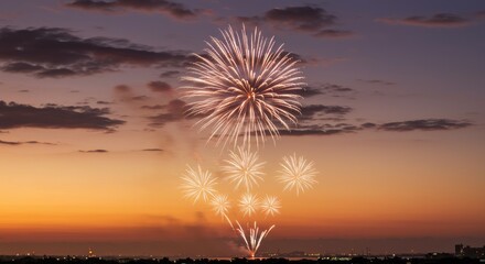 Fireworks Display at Dusk: Golden Sky, City Lights, Celebration