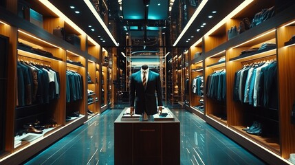 Elegant men’s fashion boutique featuring a mannequin dressed in a tailored black suit with a striped tie