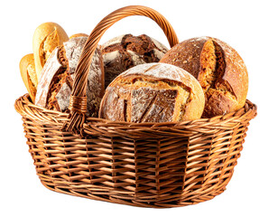 Rustic Bread Basket with Mixed Loaves and Baguettes, Side Angle, isolated