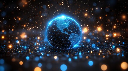 Obraz premium Digital Globe with Network Lines Surrounded by Sparkling Dots on Dark Background 