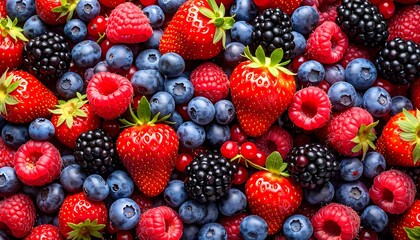 Fototapeta premium A vibrant display of assorted berries, showcasing the rich colors and textures of fresh raspberries, blueberries, strawberries, and blackberries.