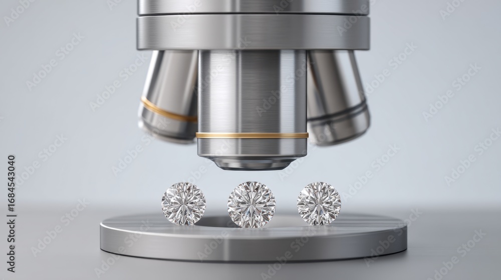 Poster close-up view of diamonds under microscope showcasing clarity, cut, and brilliance with blurred back