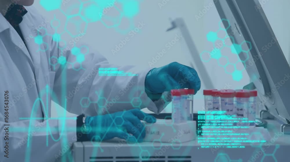 Poster animation of science data processing over scientist in laboratory
