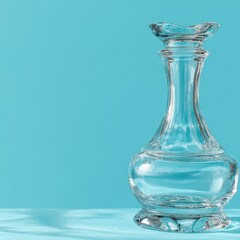 Clear glass decanter with a bulbous body and a slender neck, set against a light teal backdrop. Subtle light reflections visible.