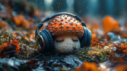 A mushroom wearing headphones rests in autumnal forest debris