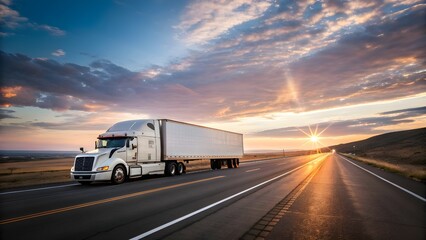 Obraz premium White Semi-Truck on Highway at Sunset