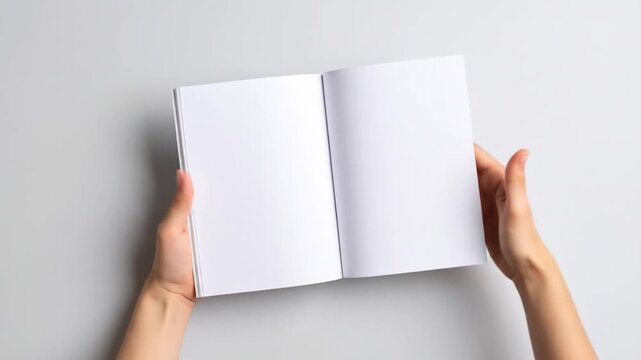 Hands holding open blank book with mockup design on white background, and top view.