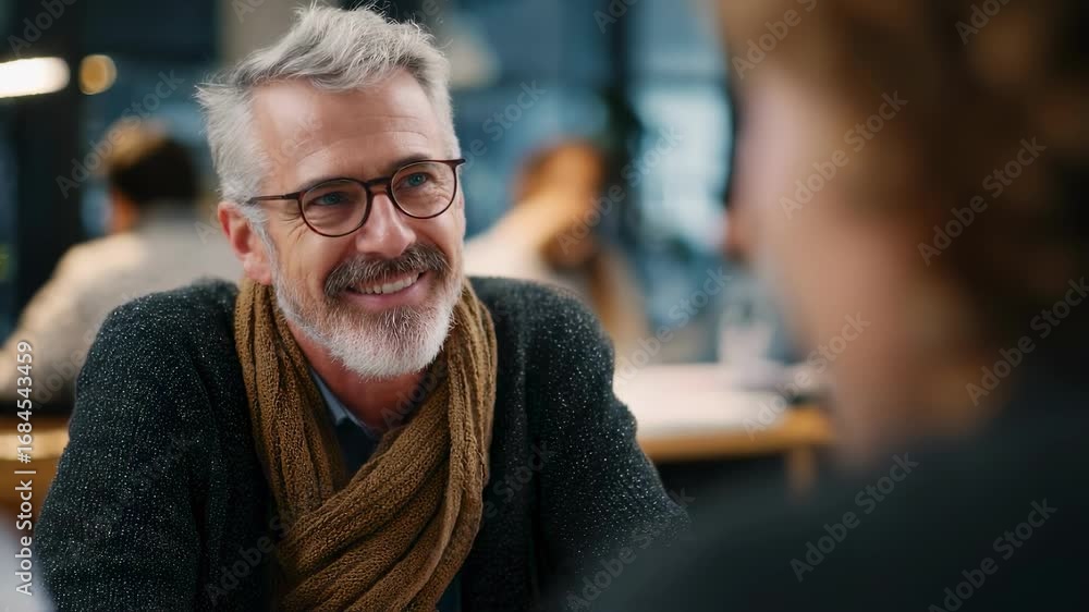 Poster focused medium shot of a mature learner engaging with a mentors guidance in a softly blurred coworki