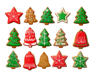Christmas Gingerbread Cookies with Icing Decorations, Top-Down View, isolated on transparent background
