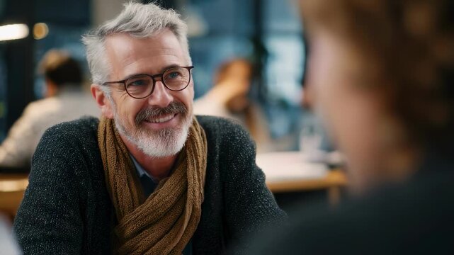 Focused medium shot of a mature learner engaging with a mentors guidance in a softly blurred coworking space emphasizing networking in secondcareer growth.