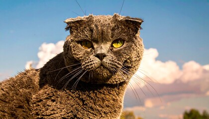 Grumpy feline portrait against blue sky
