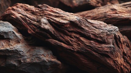 Close up of dark brown wood texture with deep grooves and crevices. The wood shows signs of age and weathering.