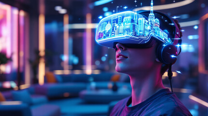 A man is wearing a virtual realistic headset