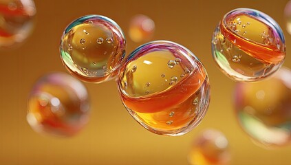 Colorful spheres float in a golden haze