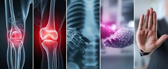 Medical imagery of painful joints, skeletal structure, and a hand rejecting treatment