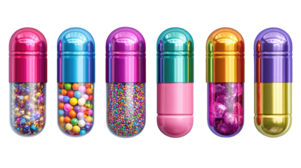 Colorful capsules filled with colorful candies.  Five vibrant, glossy pills in various hues.  Each capsule contains a different mix of candy, creating a visually appealing array