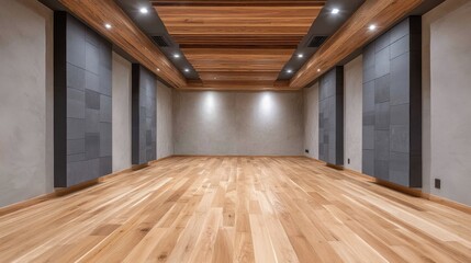 Modern interior of spacious empty room with wooden floor, elegant ceiling lights, and stylish wall texture, suitable for various design purposes