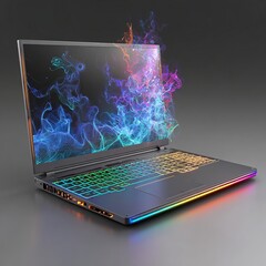 Modern gaming laptop with vibrant rgb lighting and digital energy effects