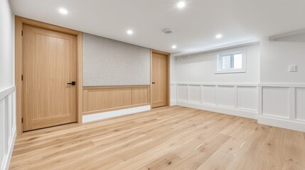 Spacious and Bright Modern Room with Elegant Wooden Finishes, Soft Lighting, and Fresh Colors Ideal for Interior Design Inspiration