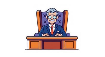 Elderly businessman sitting at his desk in a chair isolated on transparent background