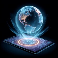 Futuristic digital hologram of planet earth projected from a tablet device