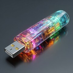 Illuminated usb flash drive with colorful led lights on a dark reflective surface