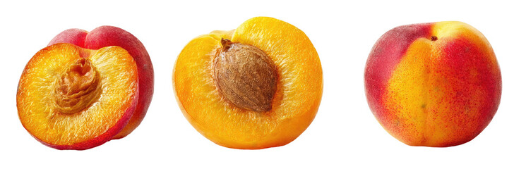 Three halved peaches, showing the flesh and pit