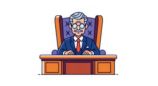 Elderly businessman sitting at his desk in a chair isolated on transparent background