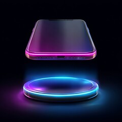 Futuristic neon light display podium with floating top layer